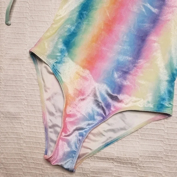 2/$25-Quintsoul S NWOT One Piece Unicorn Rainbow Colorful Velour Deep V Lace Up - Picture 7 of 14